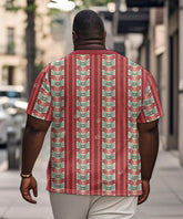 Men's Plus Size Pink Geometric Stripe Printed Henley Collar Button Short Sleeve Tee